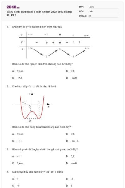 Bộ 20 đề thi giữa học kì 1 Toán 12 năm 2022-2023 có đáp án- Đề 7