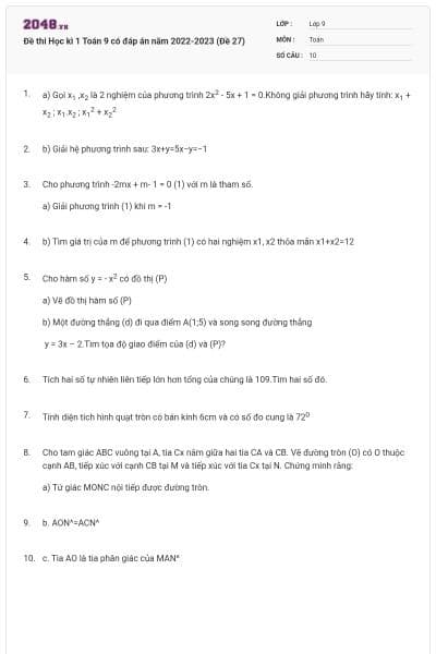 Đề thi Học kì 1 Toán 9 có đáp án năm 2022-2023 (Đề 27)