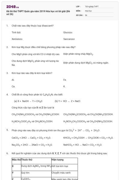 Đề thi thử THPT Quốc gia năm 2019 Hóa học có lời giải (Đề số 26)