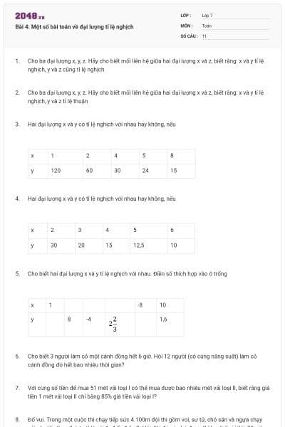 Bài 4: Một số bài toán về đại lượng tỉ lệ nghịch