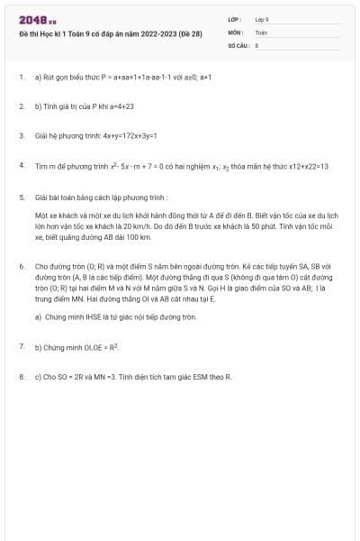 Đề thi Học kì 1 Toán 9 có đáp án năm 2022-2023 (Đề 28)