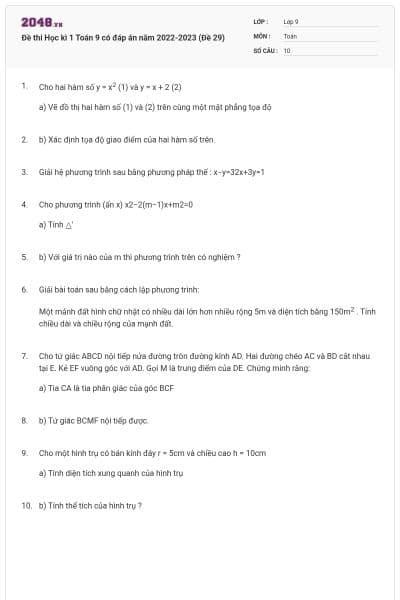 Đề thi Học kì 1 Toán 9 có đáp án năm 2022-2023 (Đề 29)