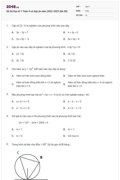 Đề thi Học kì 1 Toán 9 có đáp án năm 2022-2023 (Đề 30)