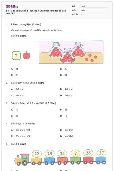 Bộ 10 đề thi giữa kì 2 Toán lớp 1 Chân trời sáng tạo có đáp án - Đề 1