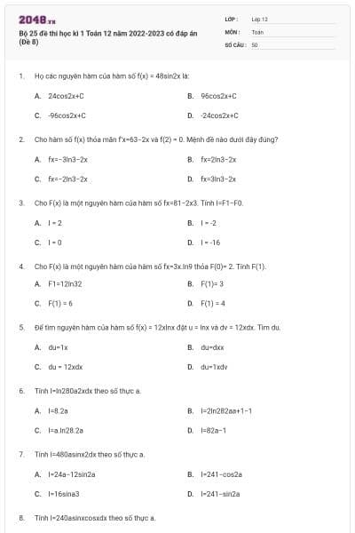 Bộ 25 đề thi học kì 1 Toán 12 năm 2022-2023 có đáp án (Đề 8)