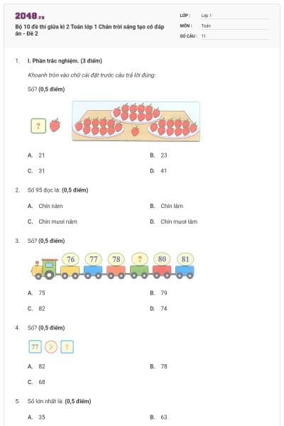 Bộ 10 đề thi giữa kì 2 Toán lớp 1 Chân trời sáng tạo có đáp án - Đề 2