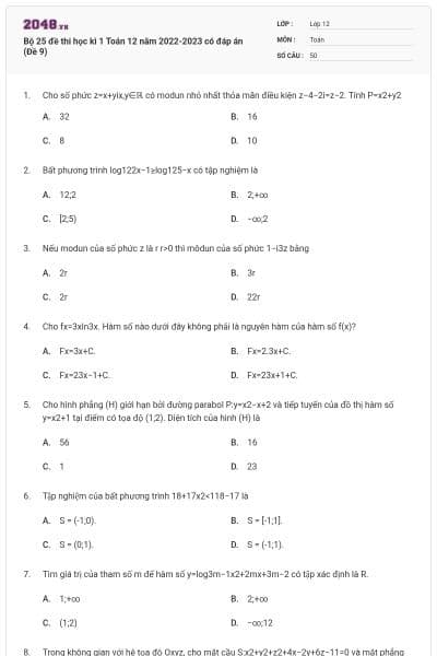 Bộ 25 đề thi học kì 1 Toán 12 năm 2022-2023 có đáp án (Đề 9)