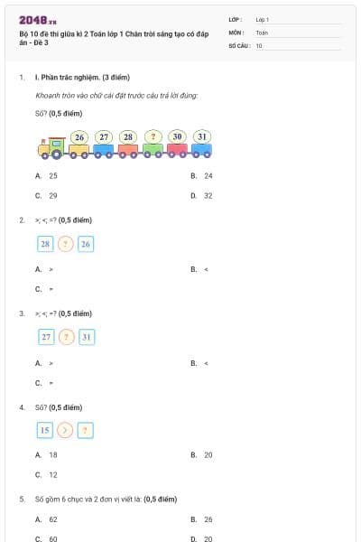 Bộ 10 đề thi giữa kì 2 Toán lớp 1 Chân trời sáng tạo có đáp án - Đề 3