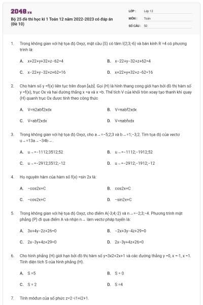 Bộ 25 đề thi học kì 1 Toán 12 năm 2022-2023 có đáp án (Đề 10)