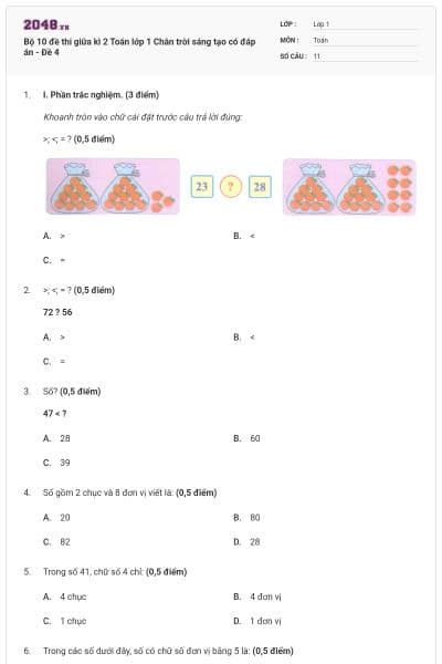 Bộ 10 đề thi giữa kì 2 Toán lớp 1 Chân trời sáng tạo có đáp án - Đề 4