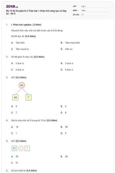 Bộ 10 đề thi giữa kì 2 Toán lớp 1 Chân trời sáng tạo có đáp án - Đề 5