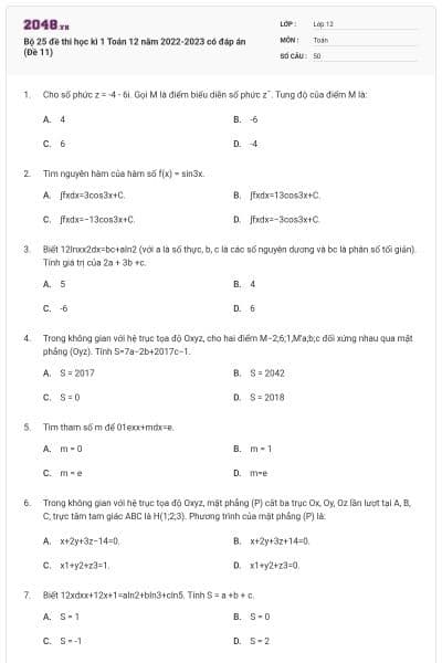 Bộ 25 đề thi học kì 1 Toán 12 năm 2022-2023 có đáp án (Đề 11)