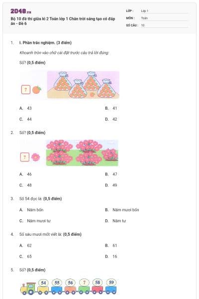 Bộ 10 đề thi giữa kì 2 Toán lớp 1 Chân trời sáng tạo có đáp án - Đề 6
