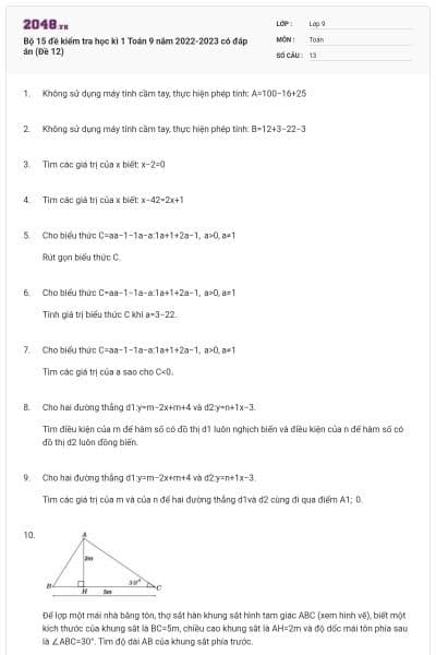 Bộ 15 đề kiểm tra học kì 1 Toán 9 năm 2022-2023 có đáp án (Đề 12)