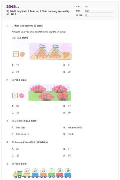 Bộ 10 đề thi giữa kì 2 Toán lớp 1 Chân trời sáng tạo có đáp án - Đề 7