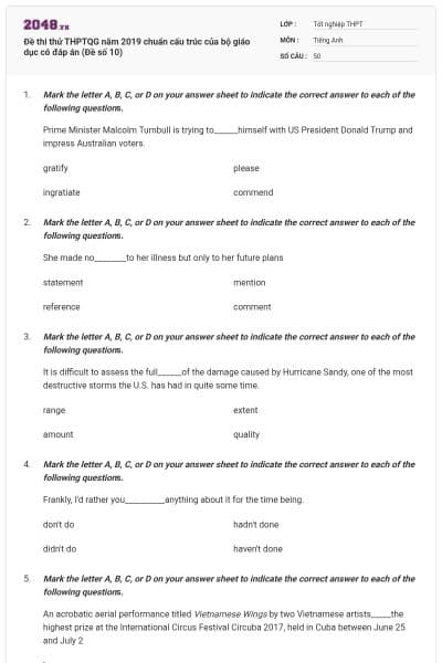 Đề thi thử THPTQG năm 2019 chuẩn cấu trúc của bộ giáo dục có đáp án (Đề số 10)