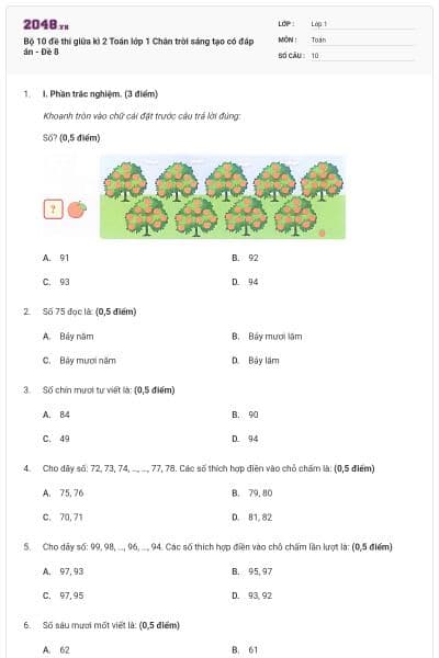 Bộ 10 đề thi giữa kì 2 Toán lớp 1 Chân trời sáng tạo có đáp án - Đề 8