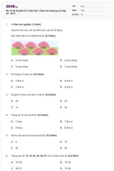 Bộ 10 đề thi giữa kì 2 Toán lớp 1 Chân trời sáng tạo có đáp án - Đề 9