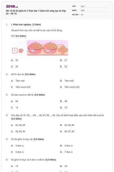 Bộ 10 đề thi giữa kì 2 Toán lớp 1 Chân trời sáng tạo có đáp án - Đề 10