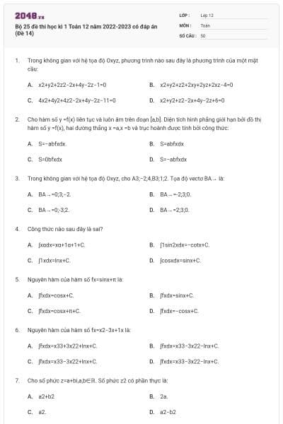 Bộ 25 đề thi học kì 1 Toán 12 năm 2022-2023 có đáp án (Đề 14)