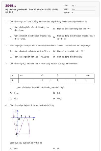 Bộ 20 đề thi giữa học kì 1 Toán 12 năm 2022-2023 có đáp án- Đề 8