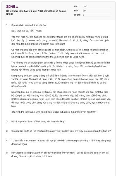 Đề kiểm tra giữa học kì 2 Văn 7 Kết nối tri thức có đáp án (Đề 2)