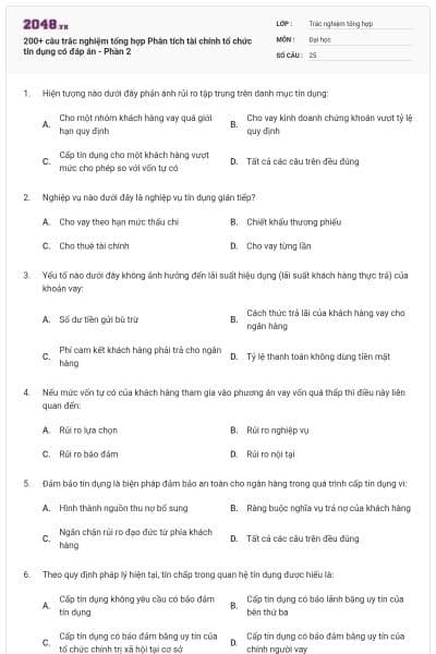 200+ câu trắc nghiệm tổng hợp Phân tích tài chính tổ chức tín dụng có đáp án - Phần 2