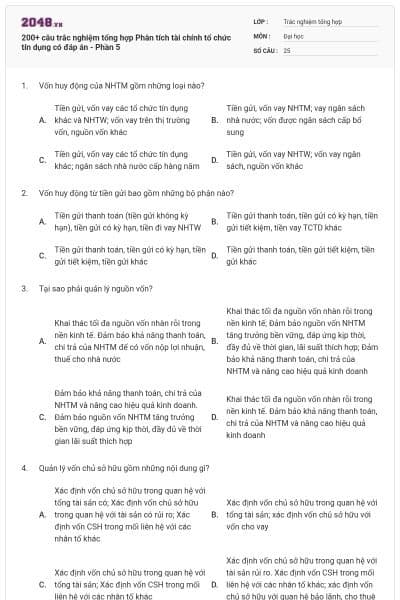 200+ câu trắc nghiệm tổng hợp Phân tích tài chính tổ chức tín dụng có đáp án - Phần 5