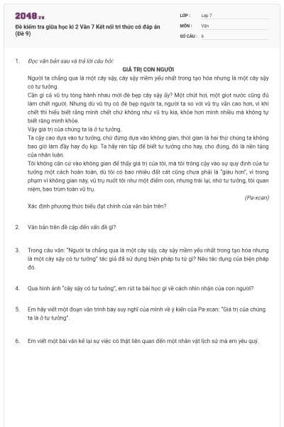 Đề kiểm tra giữa học kì 2 Văn 7 Kết nối tri thức có đáp án (Đề 9)