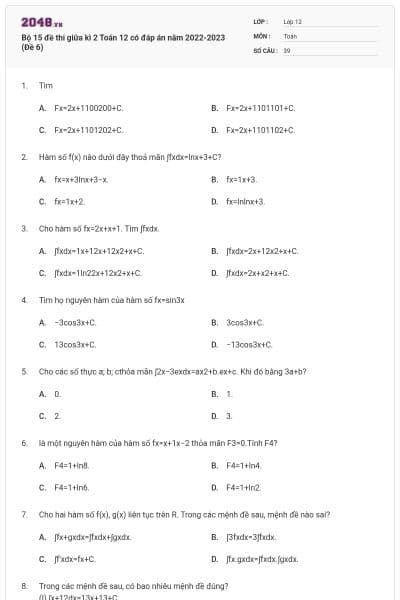 Bộ 15 đề thi giữa kì 2 Toán 12 có đáp án năm 2022-2023 (Đề 6)