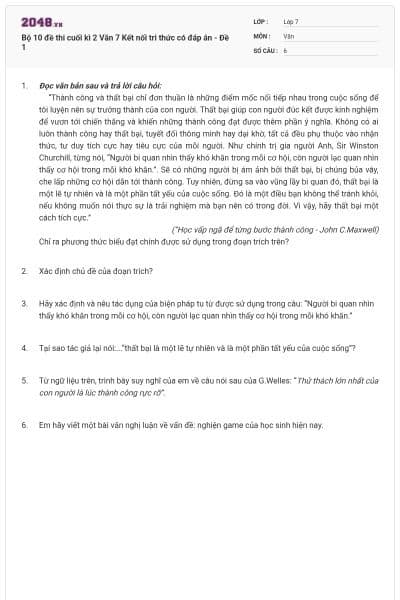 Bộ 10 đề thi cuối kì 2 Văn 7 Kết nối tri thức có đáp án - Đề 1