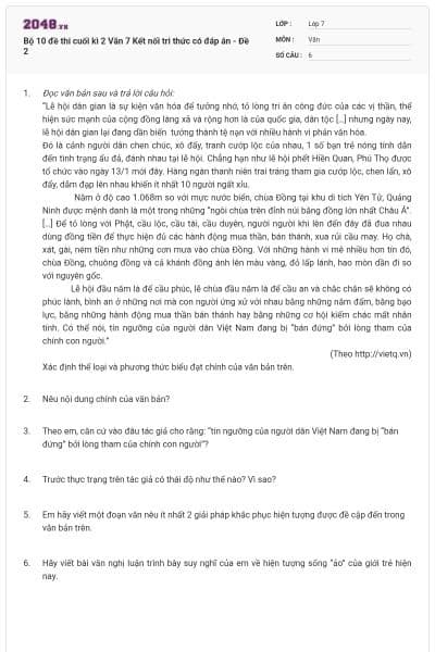 Bộ 10 đề thi cuối kì 2 Văn 7 Kết nối tri thức có đáp án - Đề 2