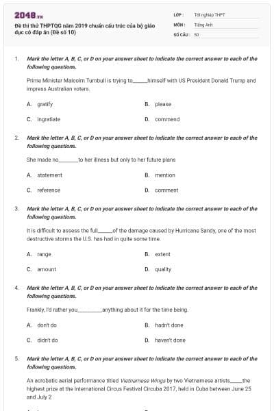 Đề thi thử THPTQG năm 2019 chuẩn cấu trúc của bộ giáo dục có đáp án (Đề số 10)