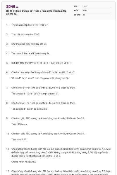 Bộ 15 đề kiểm tra học kì 1 Toán 9 năm 2022-2023 có đáp án (Đề 13)