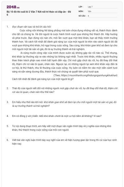 Bộ 10 đề thi cuối kì 2 Văn 7 Kết nối tri thức có đáp án - Đề 6