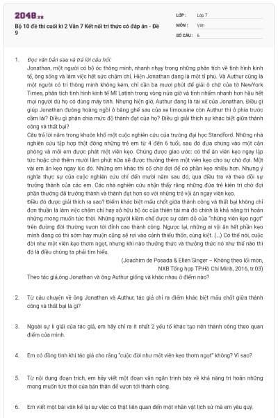 Bộ 10 đề thi cuối kì 2 Văn 7 Kết nối tri thức có đáp án - Đề 9