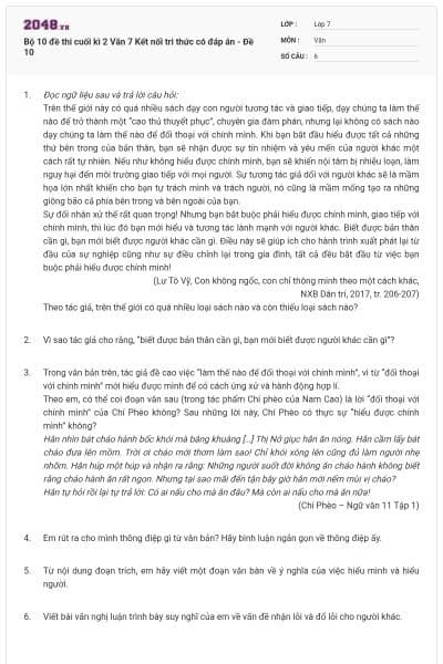 Bộ 10 đề thi cuối kì 2 Văn 7 Kết nối tri thức có đáp án - Đề 10