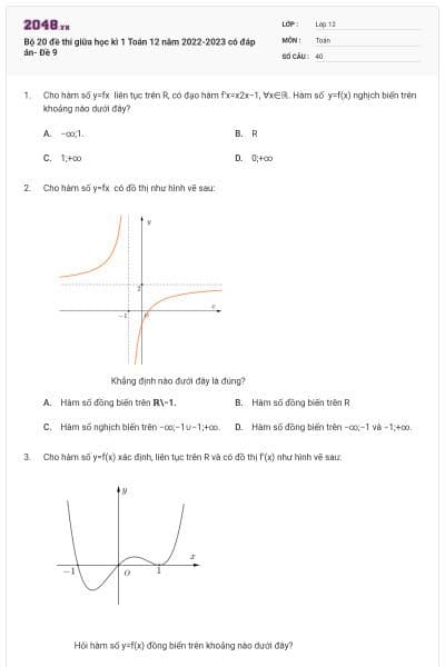 Bộ 20 đề thi giữa học kì 1 Toán 12 năm 2022-2023 có đáp án- Đề 9