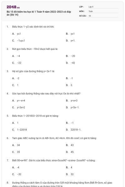 Bộ 15 đề kiểm tra học kì 1 Toán 9 năm 2022-2023 có đáp án (Đề 14)