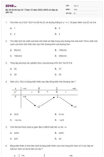 Bộ 25 đề thi học kì 1 Toán 12 năm 2022-2023 có đáp án (Đề 16)
