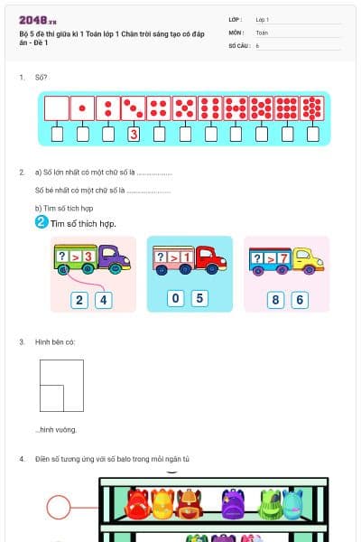 Bộ 5 đề thi giữa kì 1 Toán lớp 1 Chân trời sáng tạo có đáp án - Đề 1