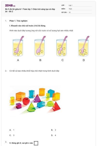 Bộ 5 đề thi giữa kì 1 Toán lớp 1 Chân trời sáng tạo có đáp án - Đề 2