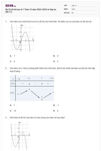 Bộ 25 đề thi học kì 1 Toán 12 năm 2022-2023 có đáp án (Đề 17)