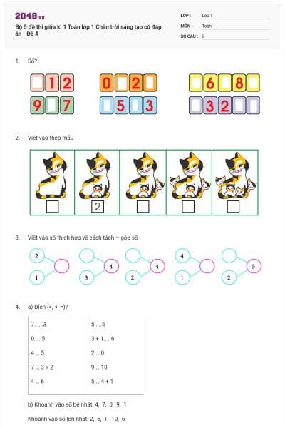 Bộ 5 đề thi giữa kì 1 Toán lớp 1 Chân trời sáng tạo có đáp án - Đề 4