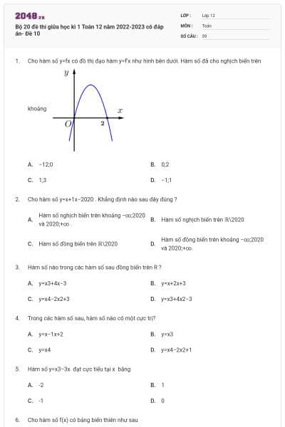 Bộ 20 đề thi giữa học kì 1 Toán 12 năm 2022-2023 có đáp án- Đề 10