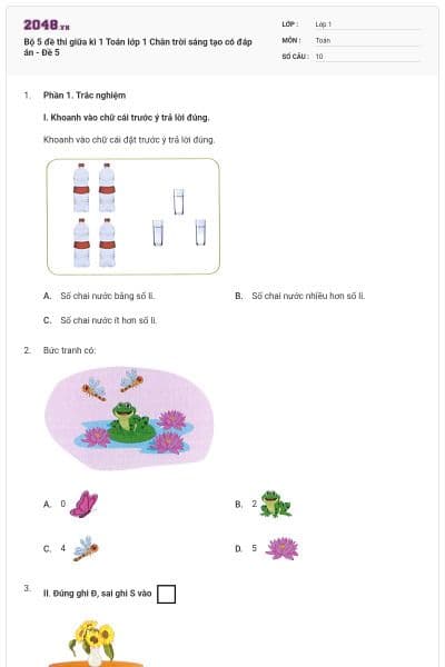 Bộ 5 đề thi giữa kì 1 Toán lớp 1 Chân trời sáng tạo có đáp án - Đề 5