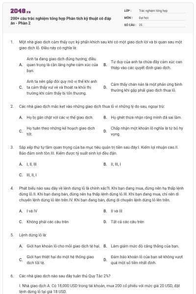 200+ câu trắc nghiệm tổng hợp Phân tích kỹ thuật có đáp án - Phần 2