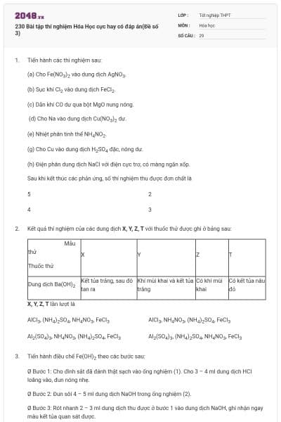 230 Bài tập thí nghiệm Hóa Học cực hay có đáp án(Đề số 3)