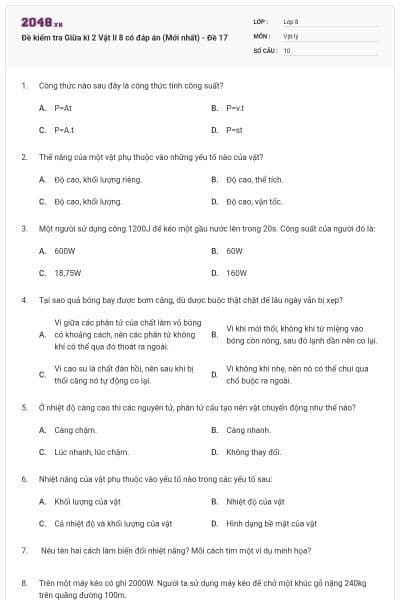 Đề kiểm tra Giữa kì 2 Vật lí 8 có đáp án (Mới nhất) - Đề 17