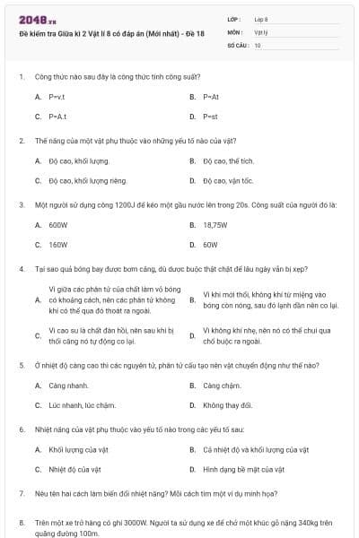 Đề kiểm tra Giữa kì 2 Vật lí 8 có đáp án (Mới nhất) - Đề 18